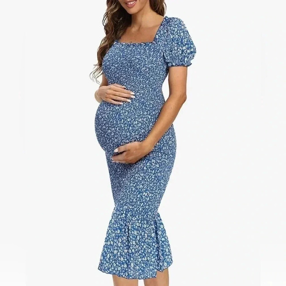 Floral Bodycon Dress, Puff Sleeve, Square Neck, Ruffle Hem Mermaid - Small - Picture 2 of 6